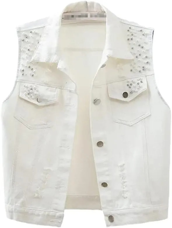 Women Denim Vest Spring Autumn Casual Hole Nail Bead Sleeveless Jacket Short Jean Waistcoat