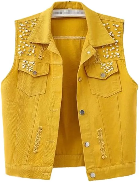 Women Denim Vest Spring Autumn Casual Hole Nail Bead Sleeveless Jacket Short Jean Waistcoat