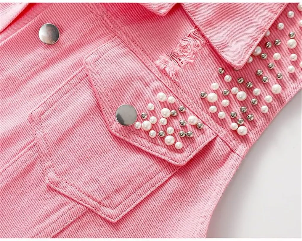 Women Denim Vest Spring Autumn Casual Hole Nail Bead Sleeveless Jacket Short Jean Waistcoat