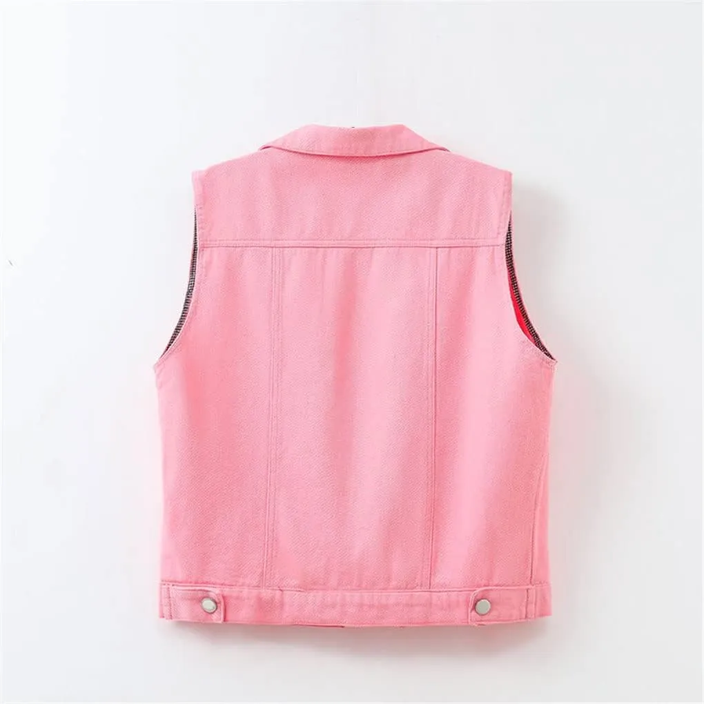 Women Denim Vest Spring Autumn Casual Hole Nail Bead Sleeveless Jacket Short Jean Waistcoat