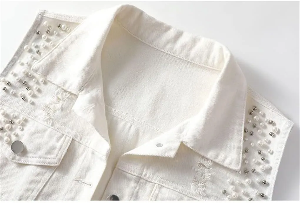 Women Denim Vest Spring Autumn Casual Hole Nail Bead Sleeveless Jacket Short Jean Waistcoat