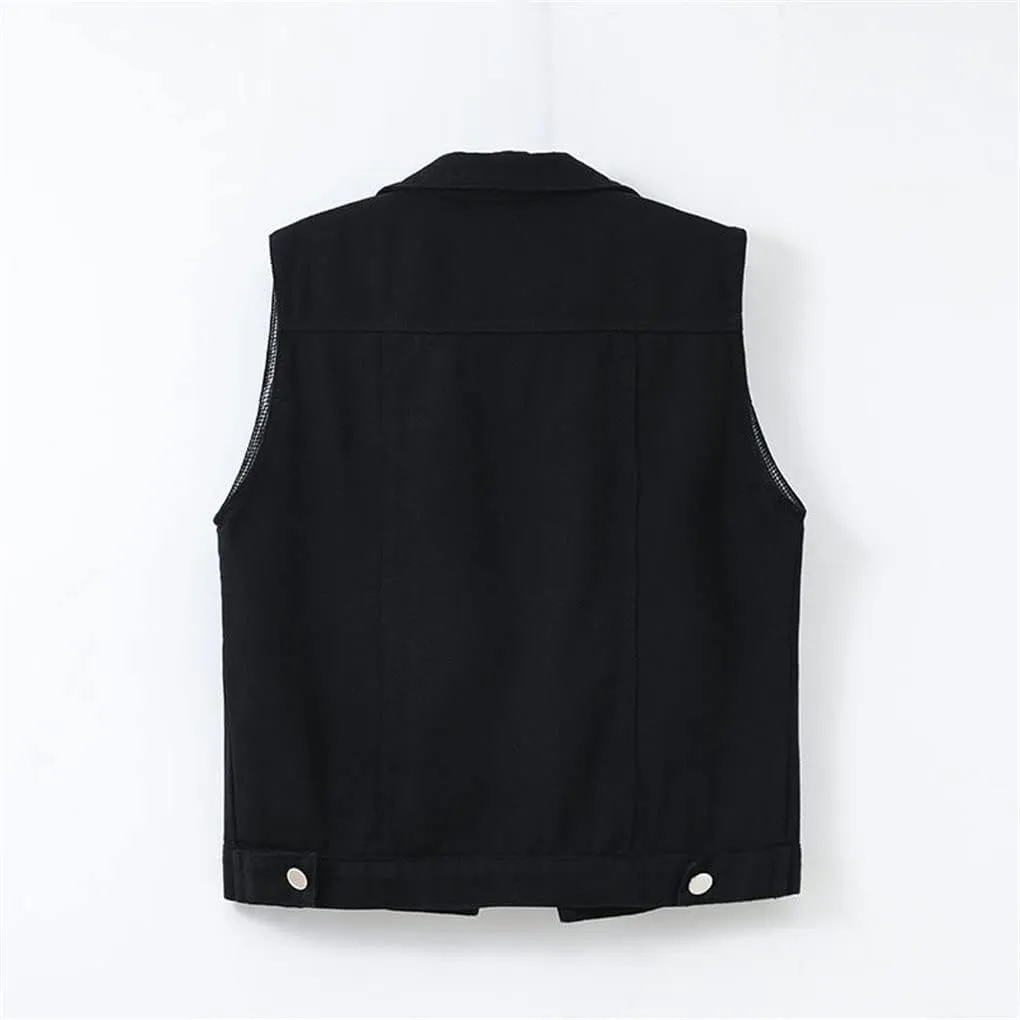 Women Denim Vest Spring Autumn Casual Hole Nail Bead Sleeveless Jacket Short Jean Waistcoat