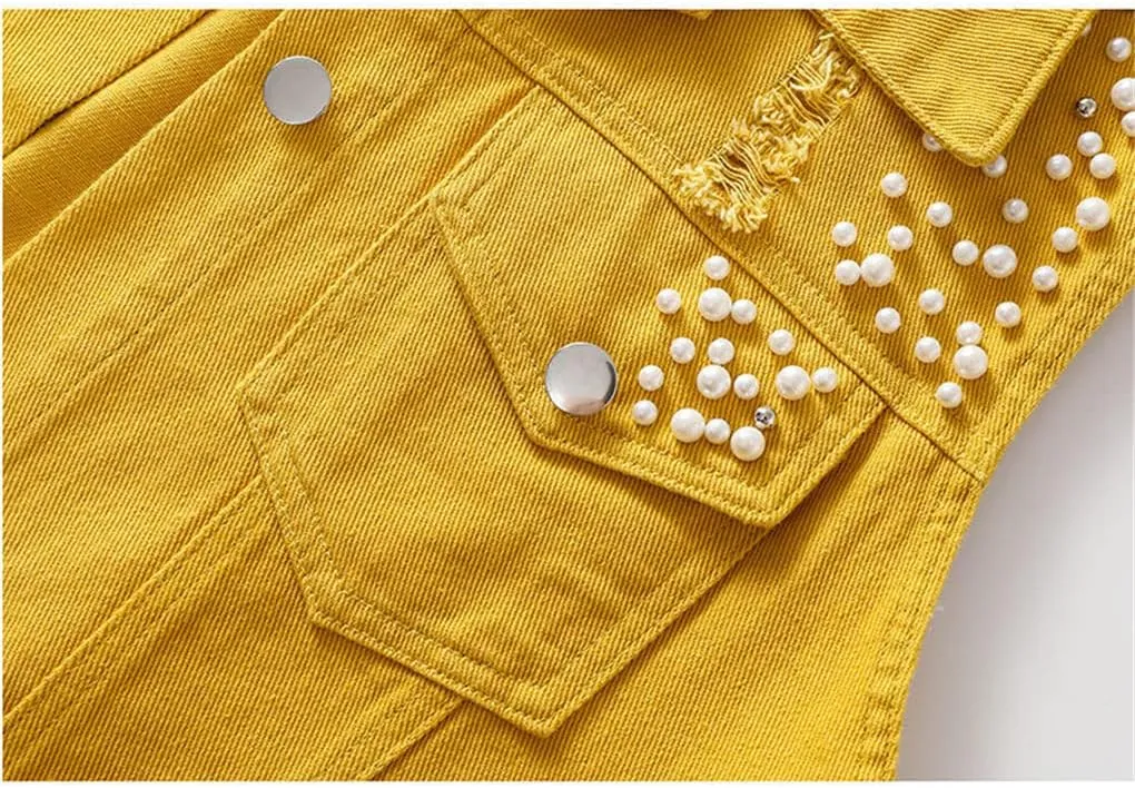 Women Denim Vest Spring Autumn Casual Hole Nail Bead Sleeveless Jacket Short Jean Waistcoat