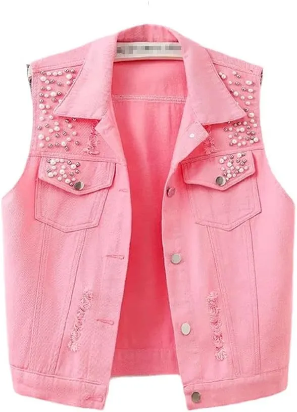 Women Denim Vest Spring Autumn Casual Hole Nail Bead Sleeveless Jacket Short Jean Waistcoat