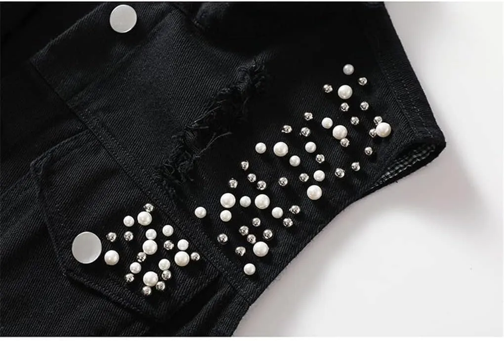 Women Denim Vest Spring Autumn Casual Hole Nail Bead Sleeveless Jacket Short Jean Waistcoat