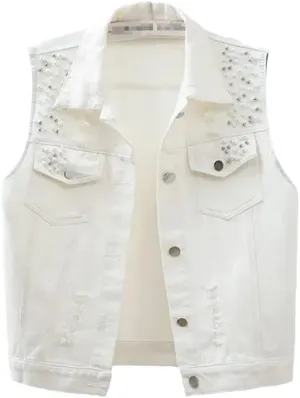 Women Denim Vest Spring Autumn Casual Hole Nail Bead Sleeveless Jacket Short Jean Waistcoat