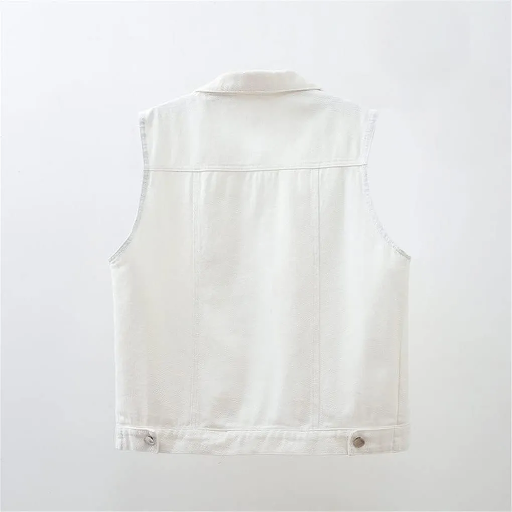 Women Denim Vest Spring Autumn Casual Hole Nail Bead Sleeveless Jacket Short Jean Waistcoat