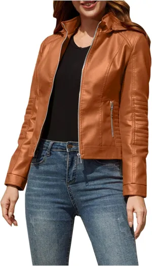 Women Faux Leather Casual Jacket, Fall and Spring Fashion Motorcycle Zip Up Moto Bike Coat Zipper PU Bomber Jackets