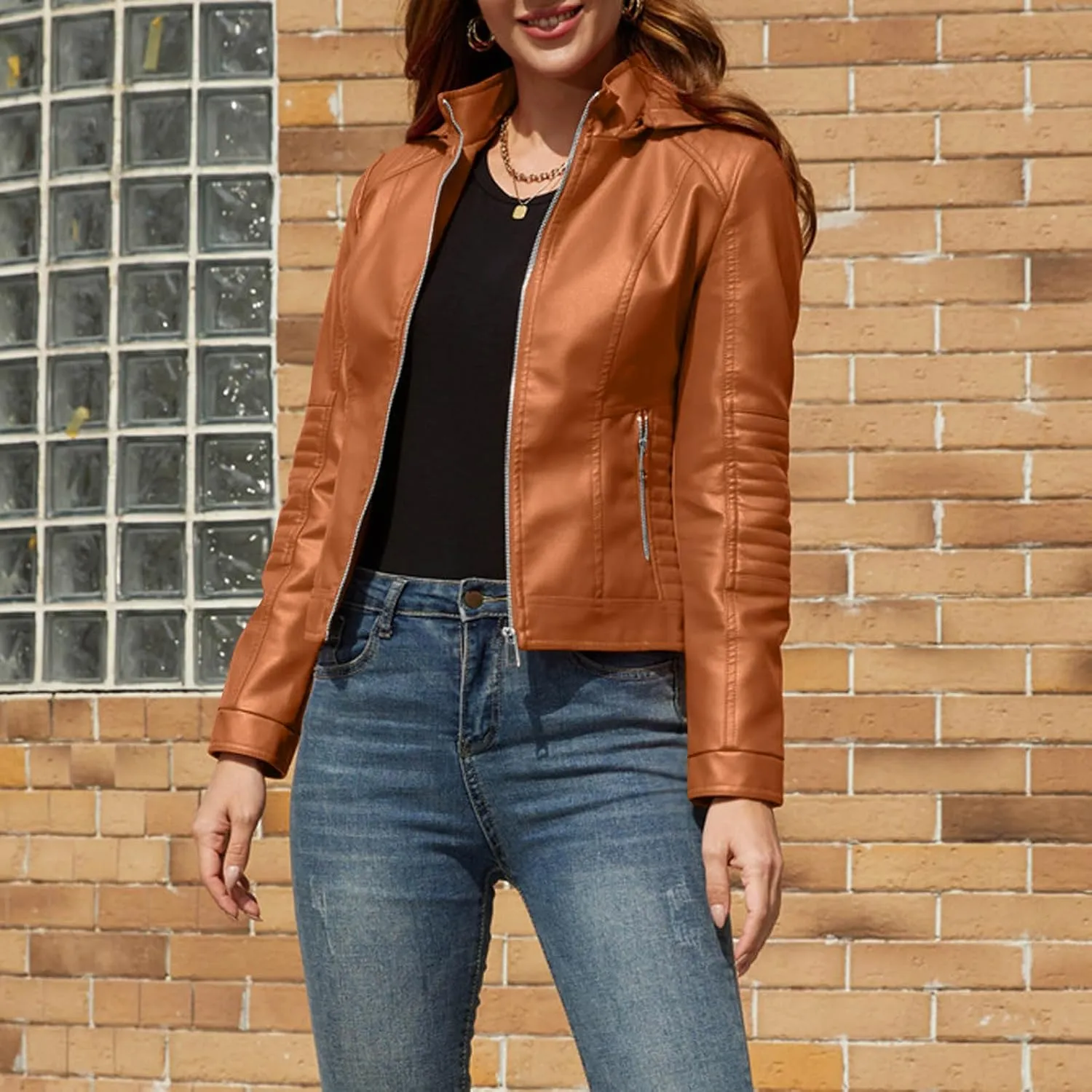 Women Faux Leather Casual Jacket, Fall and Spring Fashion Motorcycle Zip Up Moto Bike Coat Zipper PU Bomber Jackets