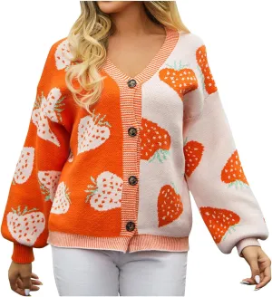 Women Floral Cropped Cardigan Long Sleeve Open Front Fuzzy Strawberry Print Knit Sweater Casual Y2k Knitwear Outerwear
