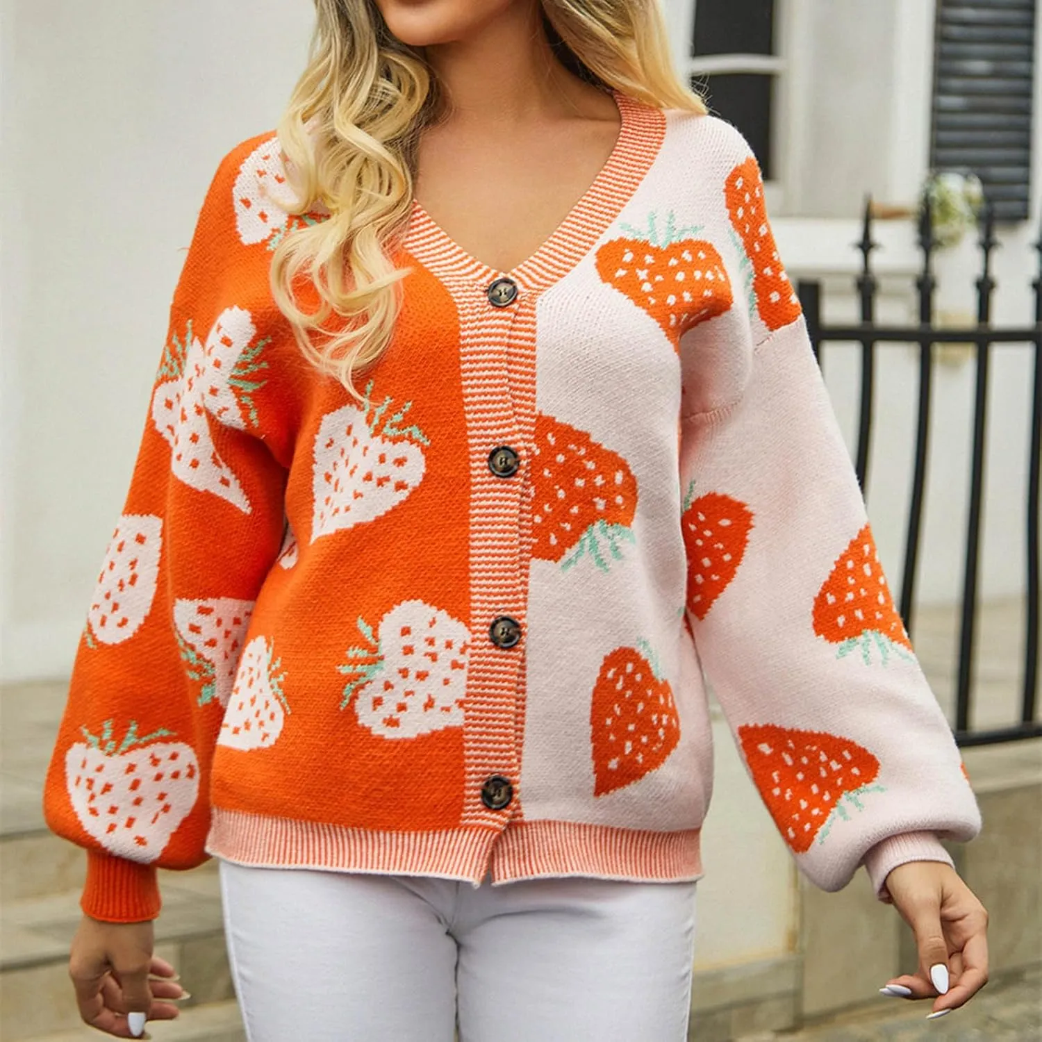 Women Floral Cropped Cardigan Long Sleeve Open Front Fuzzy Strawberry Print Knit Sweater Casual Y2k Knitwear Outerwear