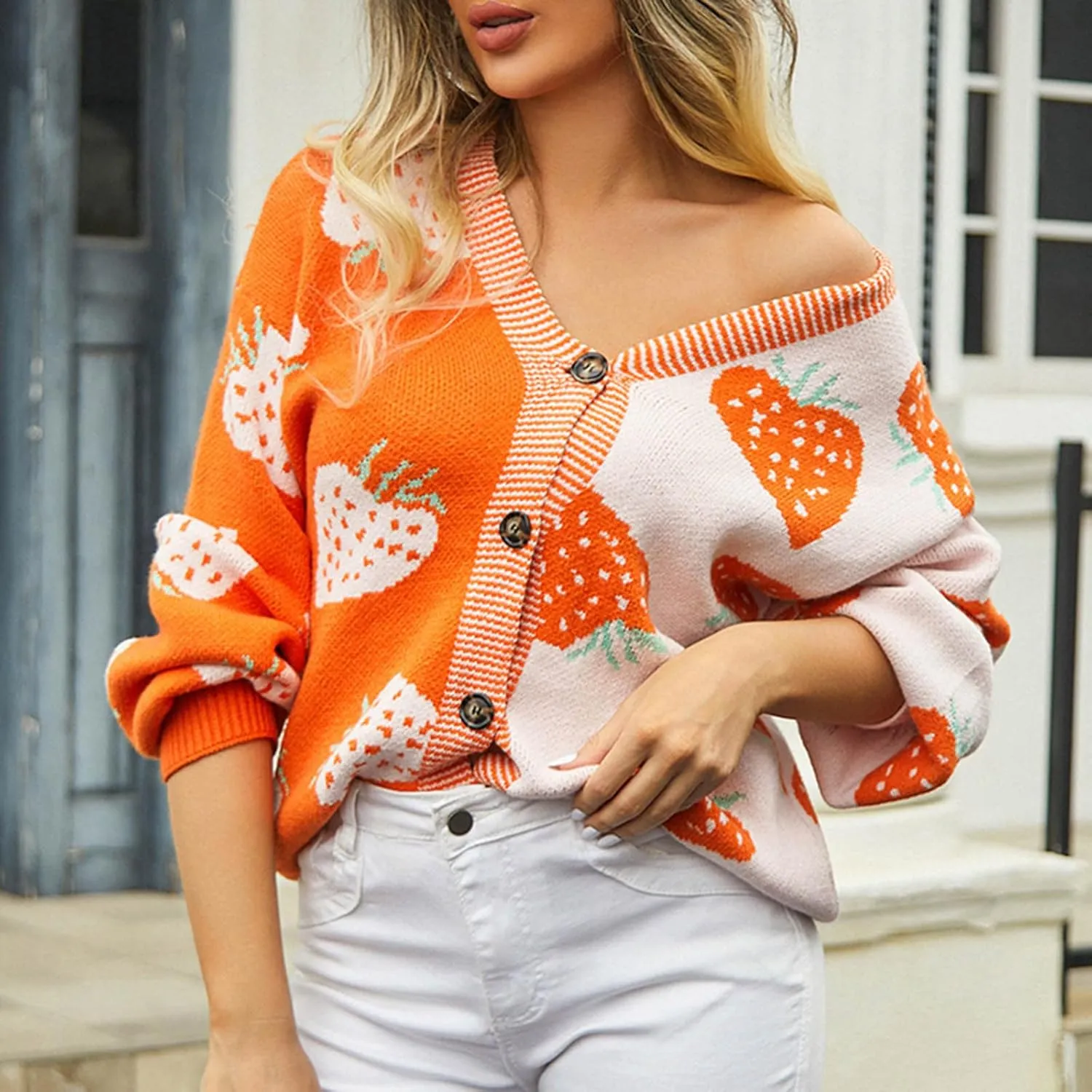 Women Floral Cropped Cardigan Long Sleeve Open Front Fuzzy Strawberry Print Knit Sweater Casual Y2k Knitwear Outerwear