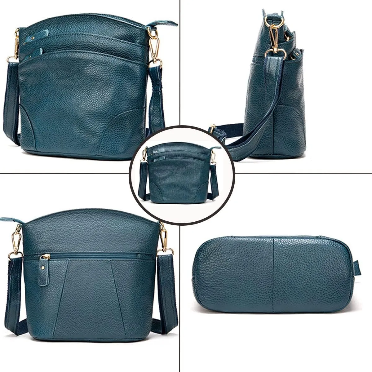 Women Genuine Leather Crossbody Bag Multiple Pockets Bucket Bag Fashion Purse Casual Handbag Shoulder Bag