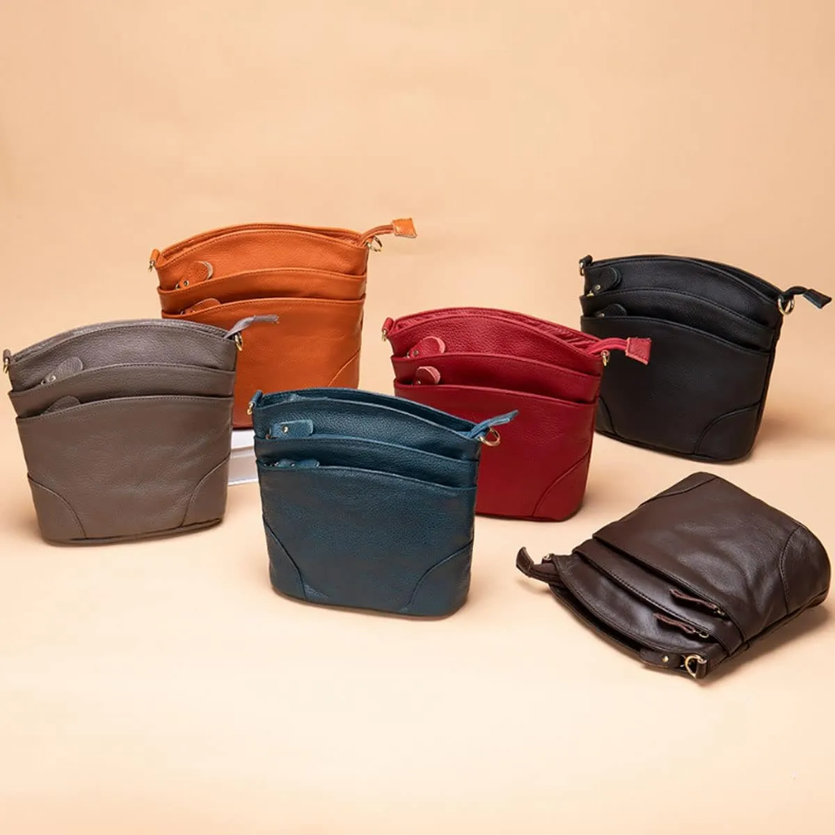Women Genuine Leather Crossbody Bag Multiple Pockets Bucket Bag Fashion Purse Casual Handbag Shoulder Bag