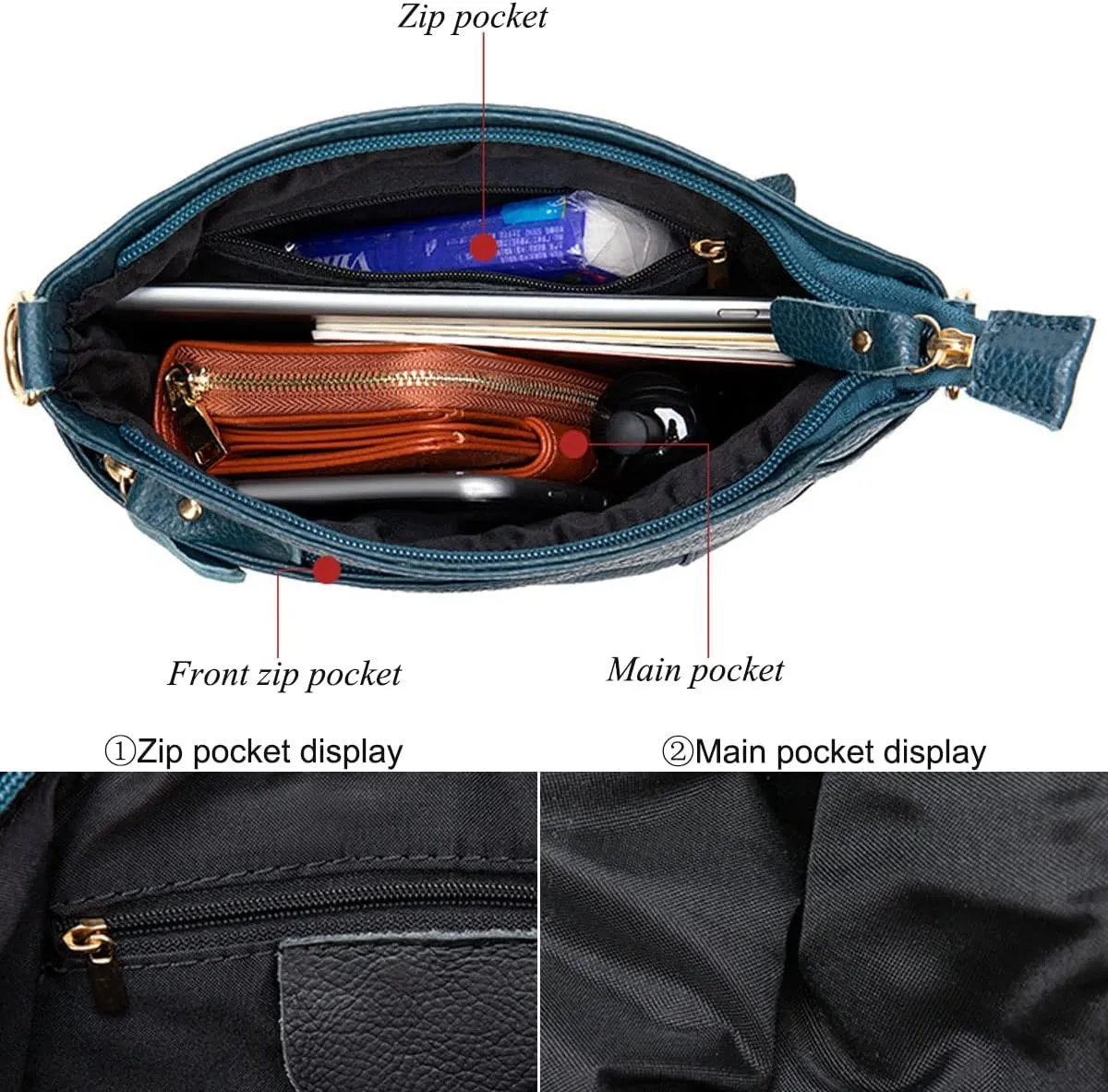 Women Genuine Leather Crossbody Bag Multiple Pockets Bucket Bag Fashion Purse Casual Handbag Shoulder Bag