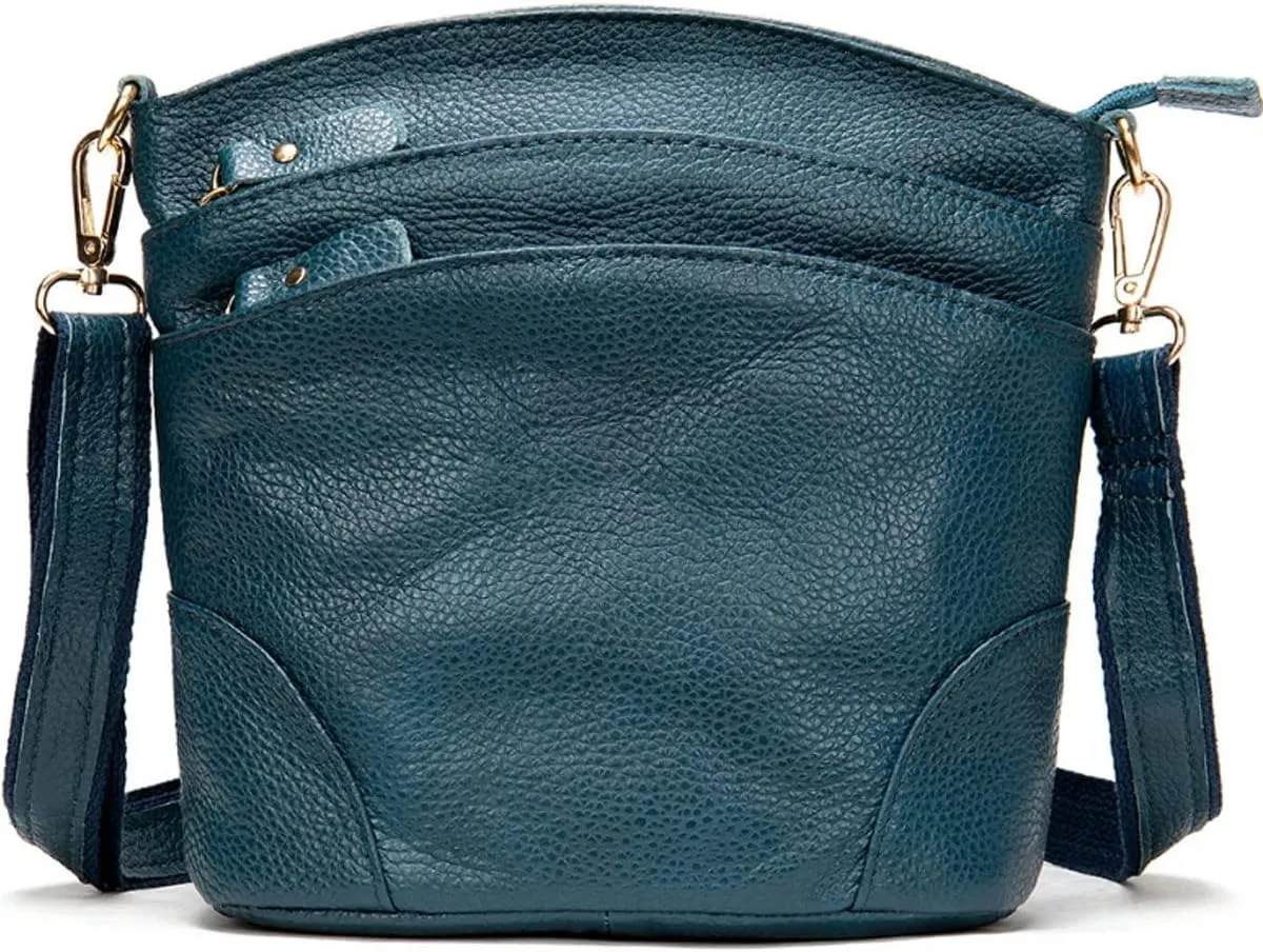 Women Genuine Leather Crossbody Bag Multiple Pockets Bucket Bag Fashion Purse Casual Handbag Shoulder Bag