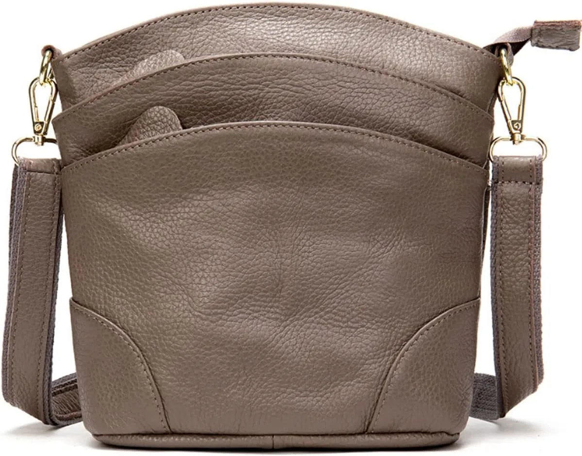 Women Genuine Leather Crossbody Bag Multiple Pockets Bucket Bag Fashion Purse Casual Handbag Shoulder Bag