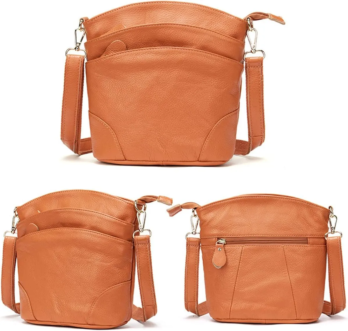 Women Genuine Leather Crossbody Bag Multiple Pockets Bucket Bag Fashion Purse Casual Handbag Shoulder Bag