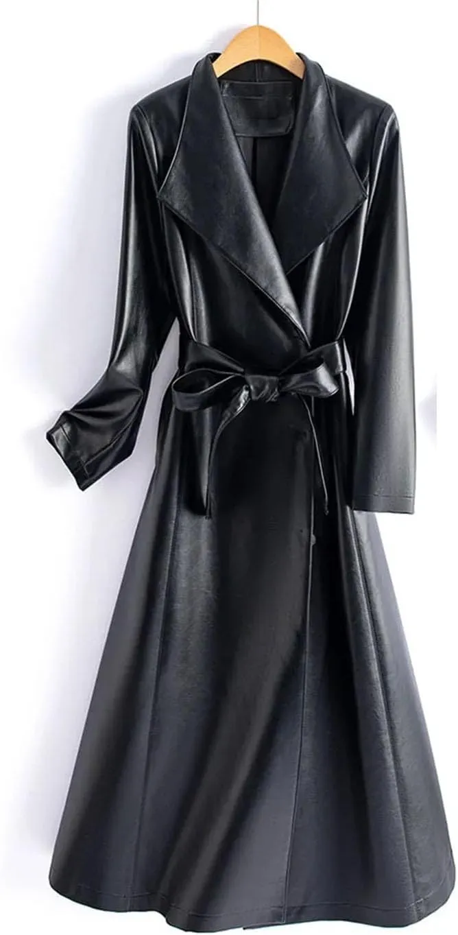 Women Leather Long Trench Coat For Turn Down Collar Sheepskin Jacket With Belt Windbreaker