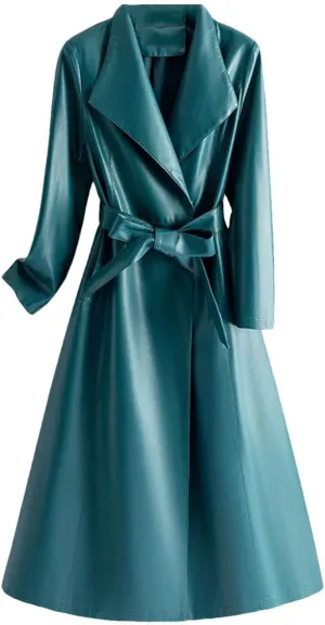 Women Leather Long Trench Coat For Turn Down Collar Sheepskin Jacket With Belt Windbreaker