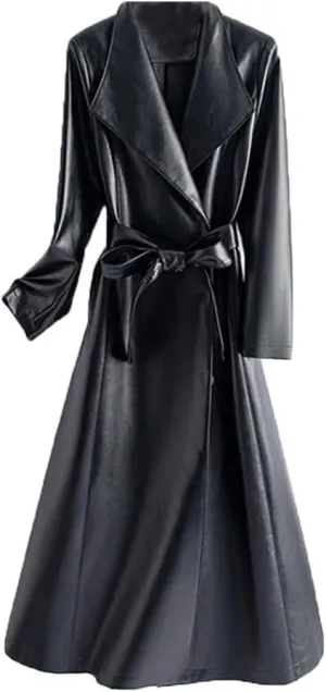 Women Leather Long Trench Coat For Turn Down Collar Sheepskin Jacket With Belt Windbreaker