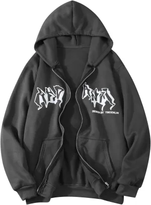 Women Men Y2K Zip Up Oversized Hoodie Dragon Graphic Emo Grunge Alt Baggy Fleece Jacket 90s Punk Streetwear Tops