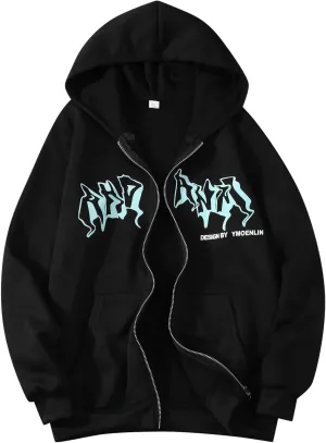 Women Men Y2K Zip Up Oversized Hoodie Dragon Graphic Emo Grunge Alt Baggy Fleece Jacket 90s Punk Streetwear Tops