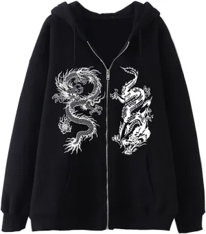 Women Men Y2K Zip Up Oversized Hoodie Dragon Graphic Emo Grunge Alt Baggy Fleece Jacket 90s Punk Streetwear Tops
