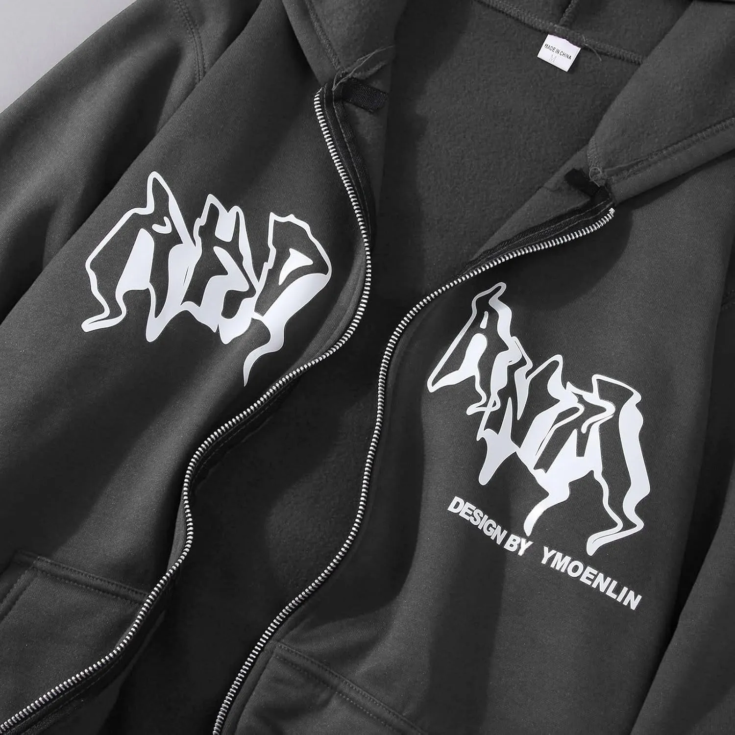 Women Men Y2K Zip Up Oversized Hoodie Dragon Graphic Emo Grunge Alt Baggy Fleece Jacket 90s Punk Streetwear Tops
