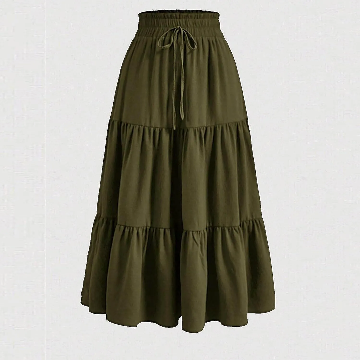 Women Midi Swing Skirts Fashion Solid Pachwork Drawstring Elastic Waist A-Line Pleated Skirt Beach Sundress Skort