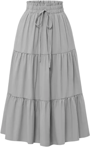 Women Midi Swing Skirts Fashion Solid Pachwork Drawstring Elastic Waist A-Line Pleated Skirt Beach Sundress Skort