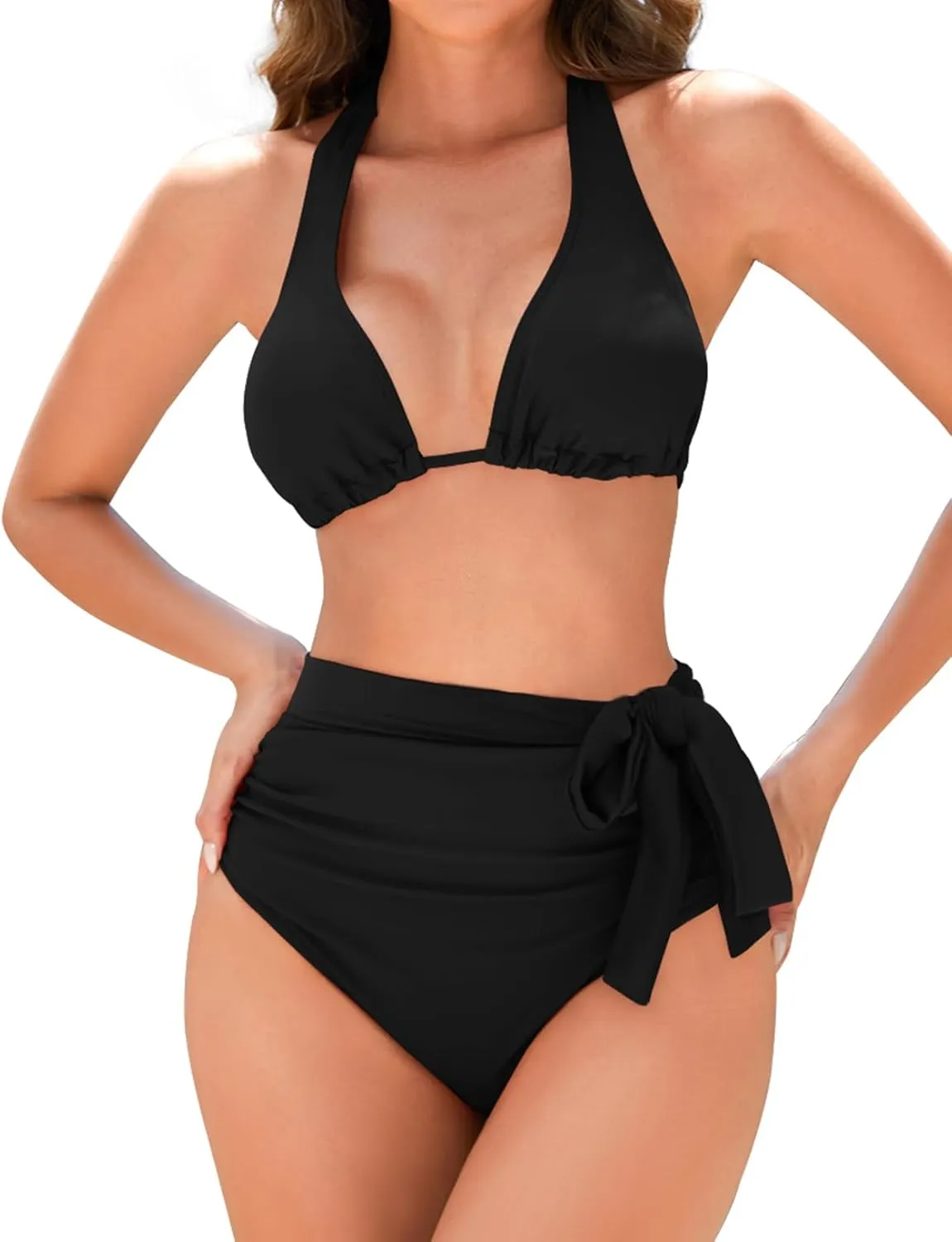 Women Modest Tummy Control Bikini Set High Waisted Ruched Bathing Suit Halter Tie Side Swimsuit