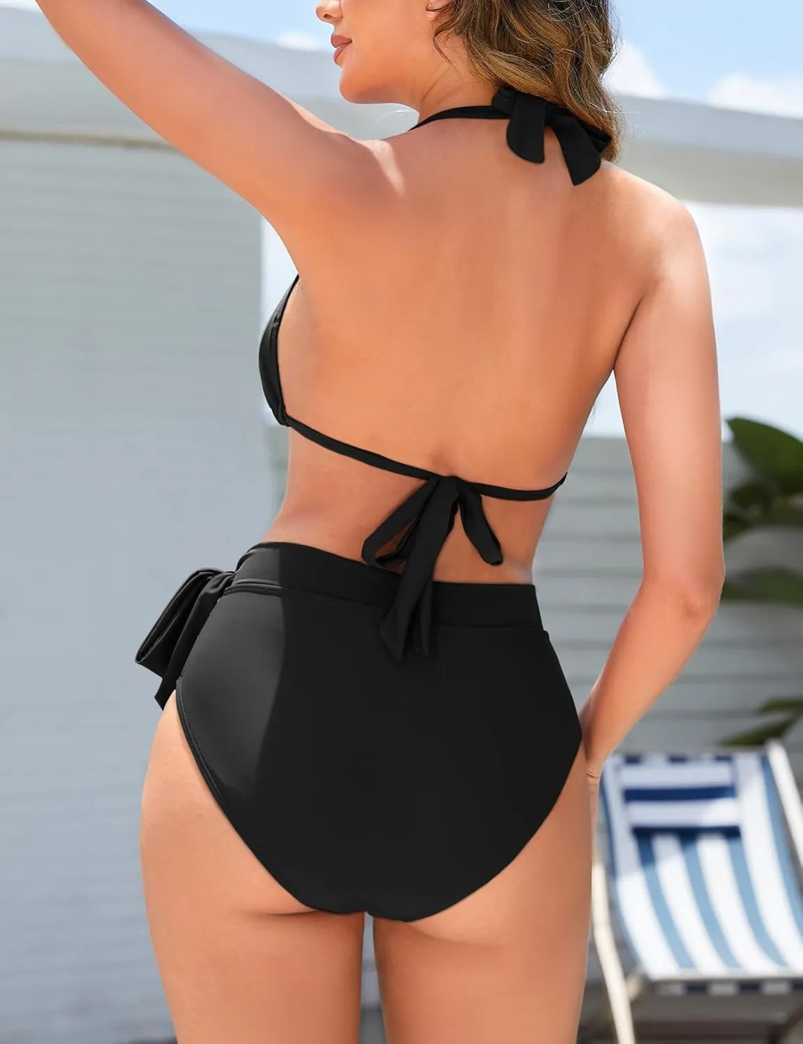 Women Modest Tummy Control Bikini Set High Waisted Ruched Bathing Suit Halter Tie Side Swimsuit