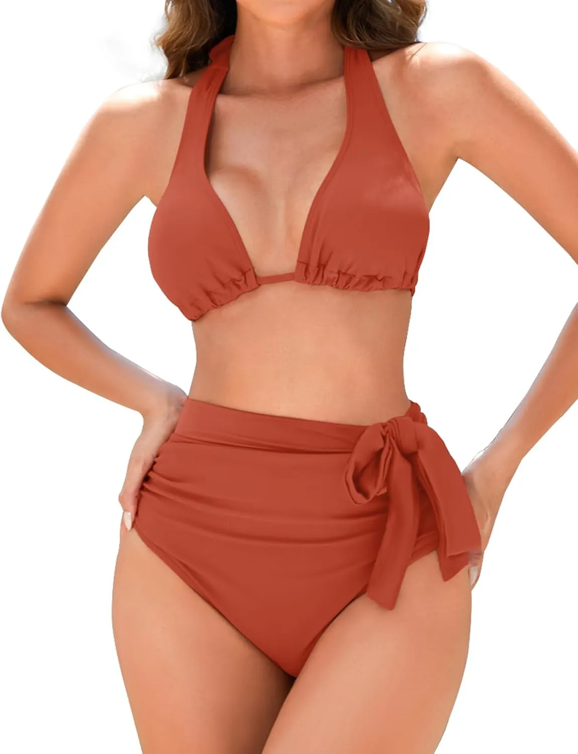Women Modest Tummy Control Bikini Set High Waisted Ruched Bathing Suit Halter Tie Side Swimsuit