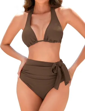 Women Modest Tummy Control Bikini Set High Waisted Ruched Bathing Suit Halter Tie Side Swimsuit