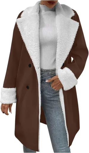 Women Notched Collar Double Breasted Sherpa Fleece Lined Overcoat Winter Warm Trench Coat Thick Long Jacket Pea Coats