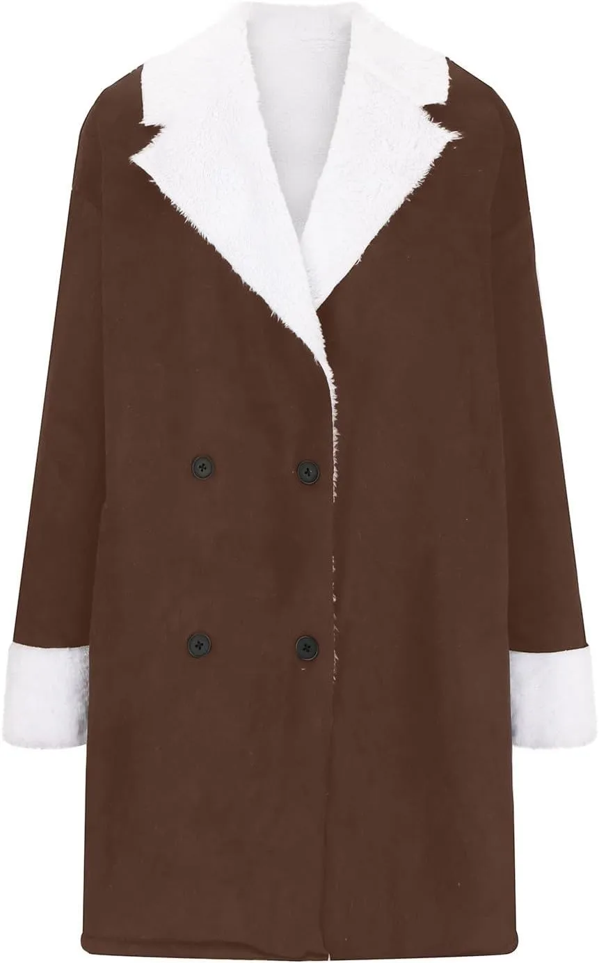 Women Notched Collar Double Breasted Sherpa Fleece Lined Overcoat Winter Warm Trench Coat Thick Long Jacket Pea Coats