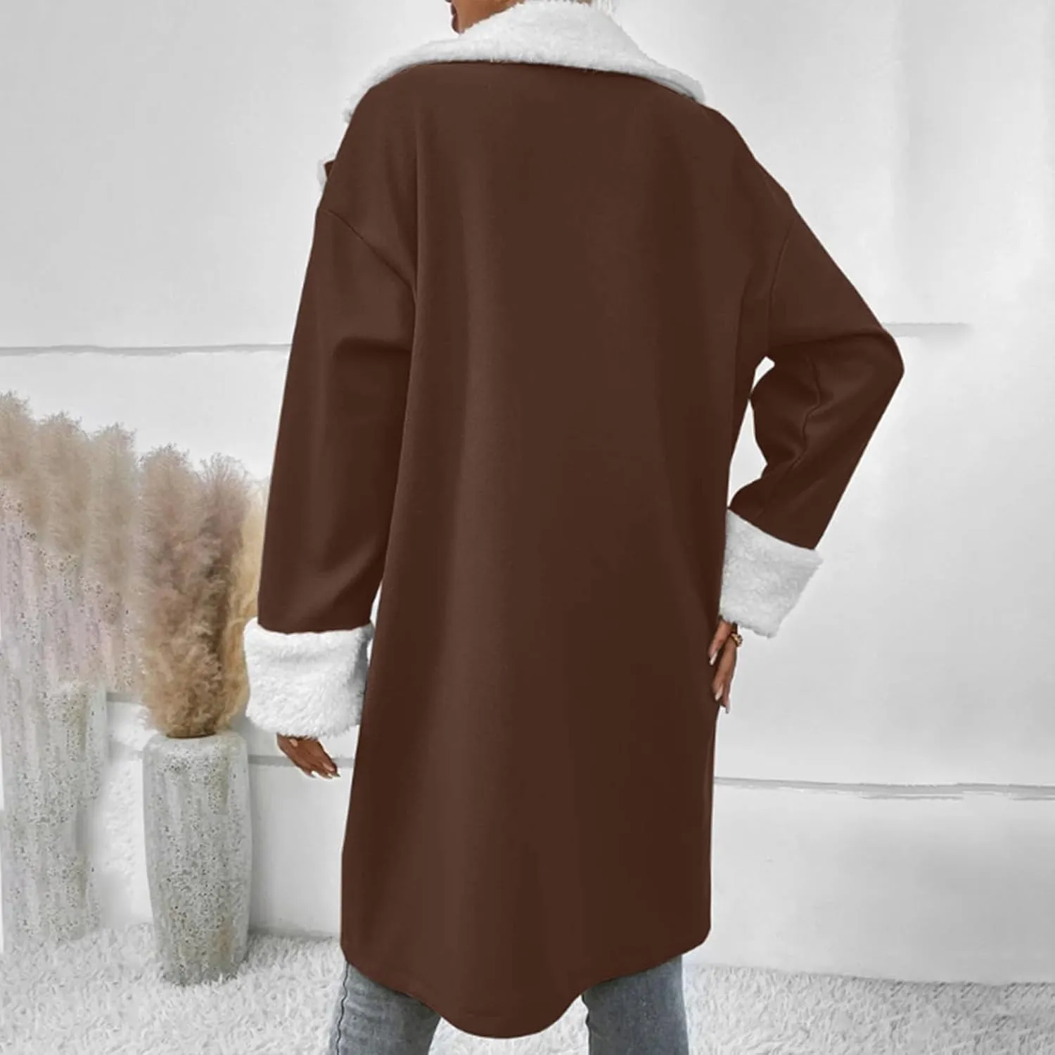 Women Notched Collar Double Breasted Sherpa Fleece Lined Overcoat Winter Warm Trench Coat Thick Long Jacket Pea Coats