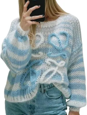Women Oversized Sweater Y2K Cottagecore Crochet Pullover Striped Knitted Sweater Coquette Cute Striped Sweater Top