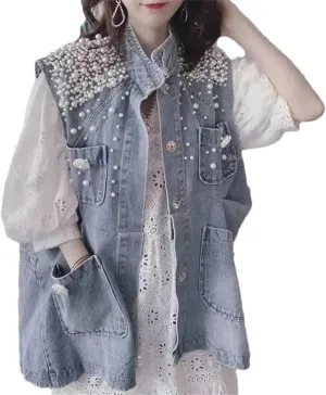 Women Pearl Denim Waistcoat Fashion Cardigan Vintage Loose Single-Breasted Vest Sleeveless Jacket