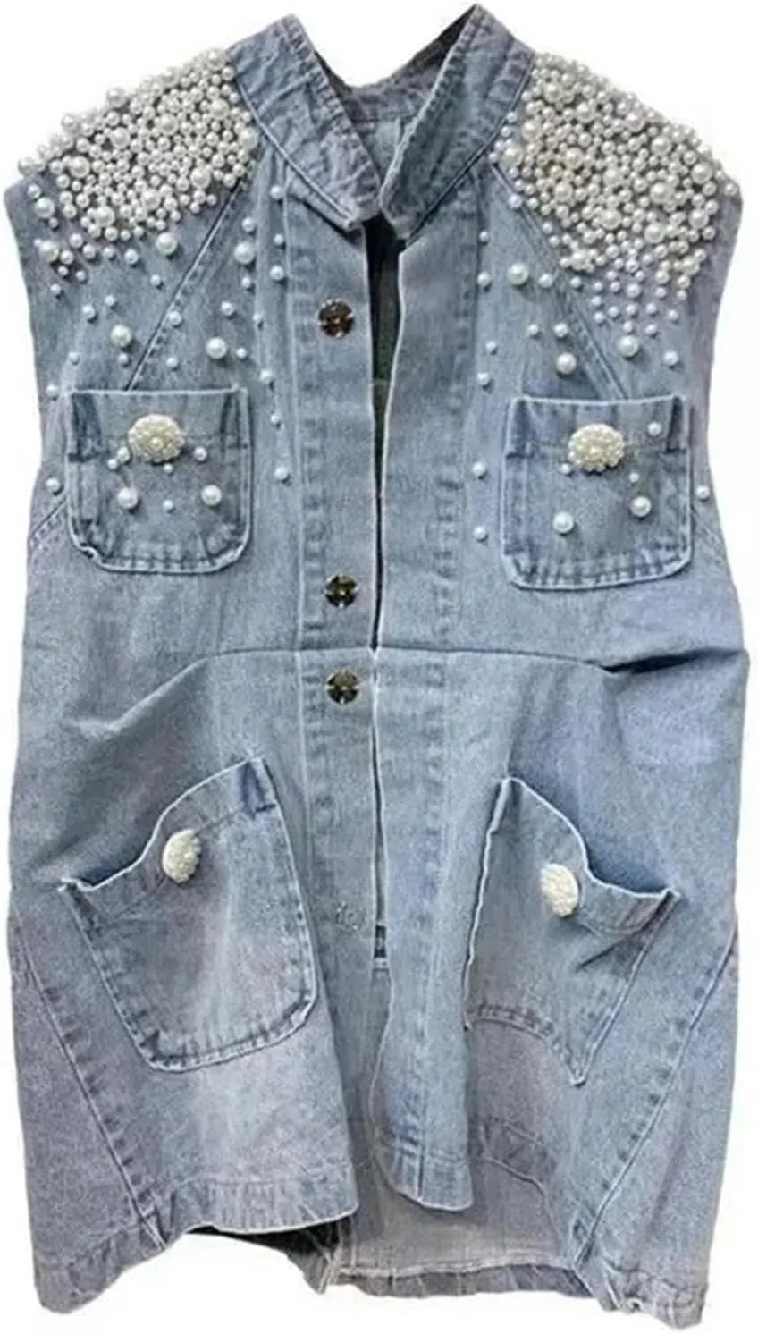Women Pearl Denim Waistcoat Fashion Cardigan Vintage Loose Single-Breasted Vest Sleeveless Jacket
