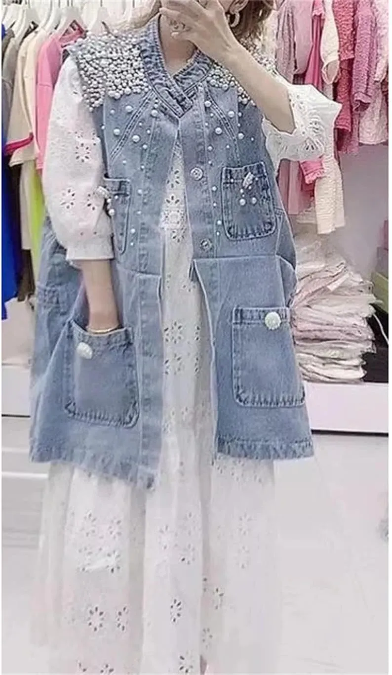 Women Pearl Denim Waistcoat Fashion Cardigan Vintage Loose Single-Breasted Vest Sleeveless Jacket