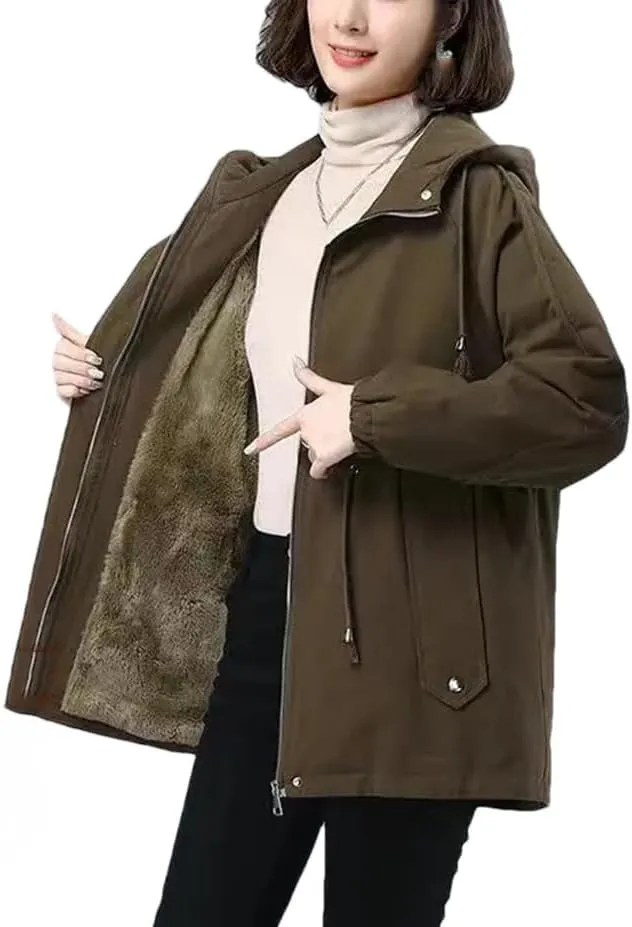 Women Plus fleece Thicken Cotton-Padded Windbreaker Jacket Winter Loose Trench Coat