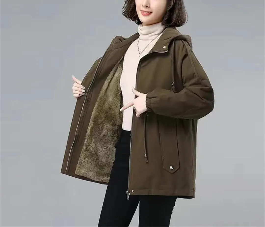 Women Plus fleece Thicken Cotton-Padded Windbreaker Jacket Winter Loose Trench Coat