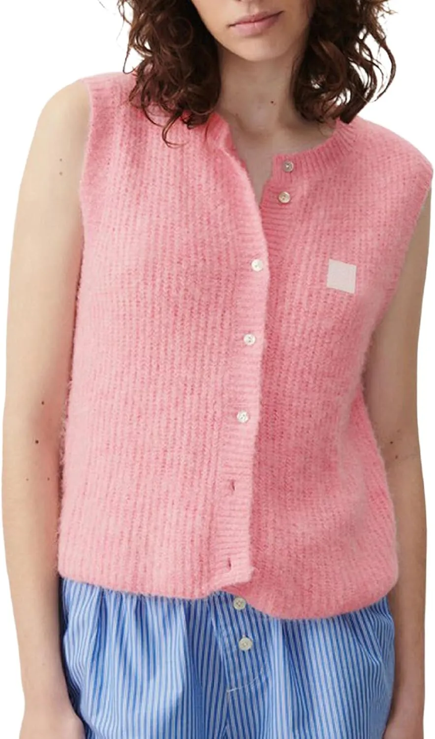 Women Summer Sweater Vest Button Down Round Neck Knitted Tank Top Y2k Sleeveless Sweater Cardigan