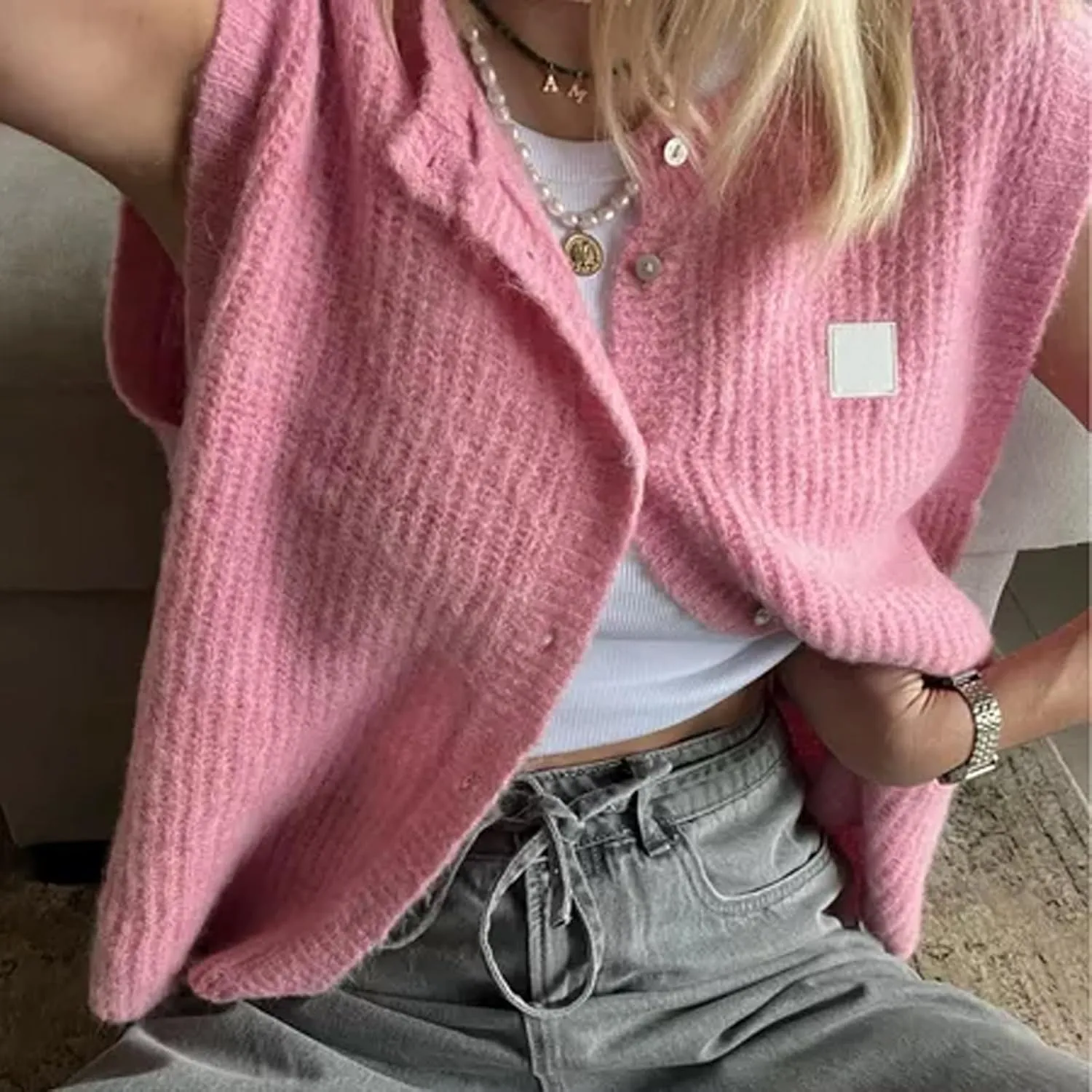 Women Summer Sweater Vest Button Down Round Neck Knitted Tank Top Y2k Sleeveless Sweater Cardigan