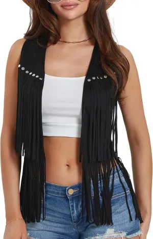 Women Tassel Vest 70s Hippie Clothes Sleeveless Fringe Waistcoat Open Western Jacket Cardigan for Streetwear Outerwear