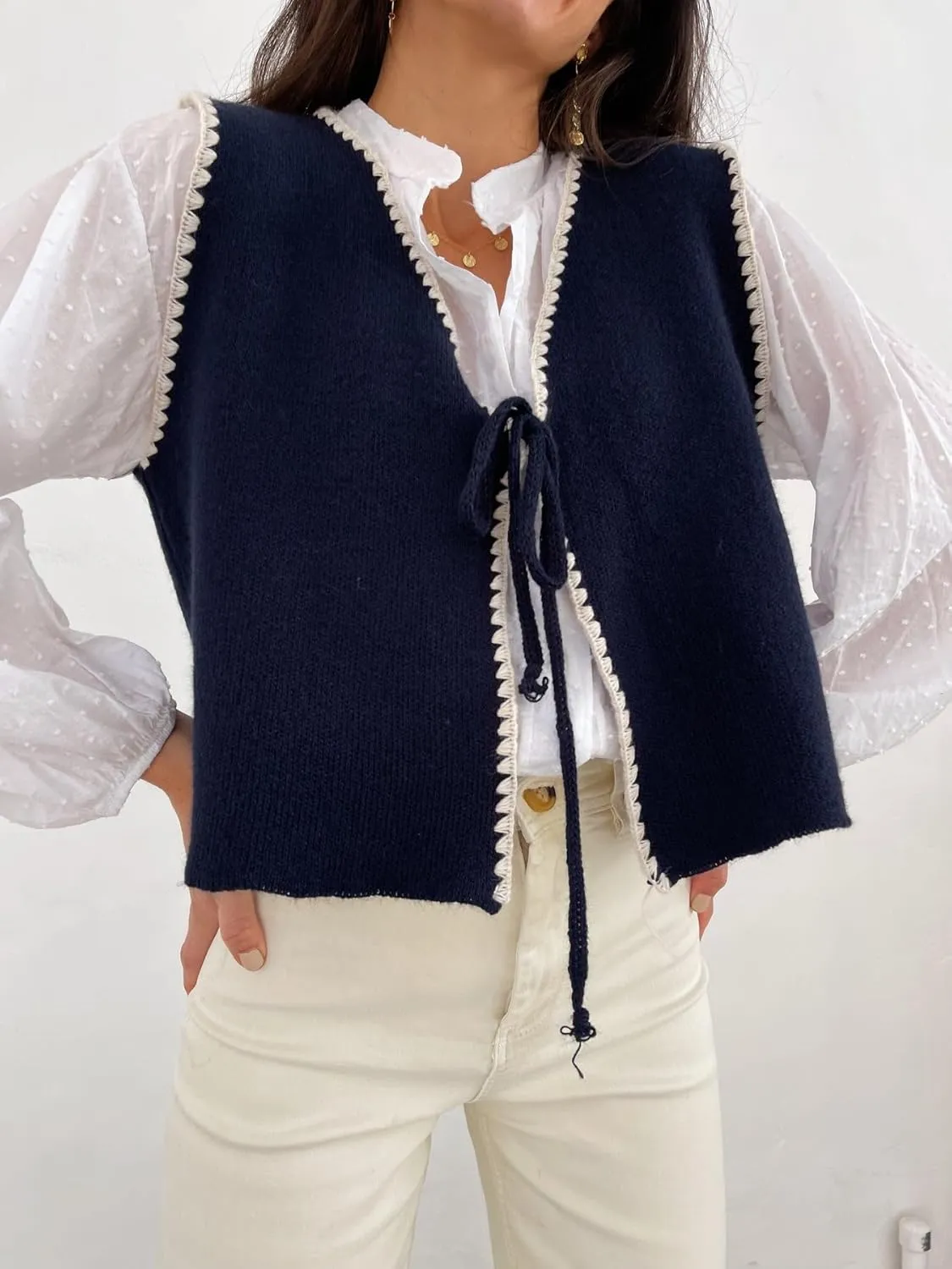 Women Tie Front Crochet Vest Sleeveless Sweater Tank Tops Open Front V Neck Knit Cardigan Going Out
