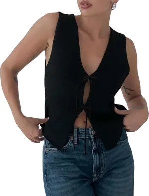Women Tie Front Sweater Vest Top Sleeveless Y2k Knit V Neck Tank Tops Crochet Casual Going Out Tops Streetwear