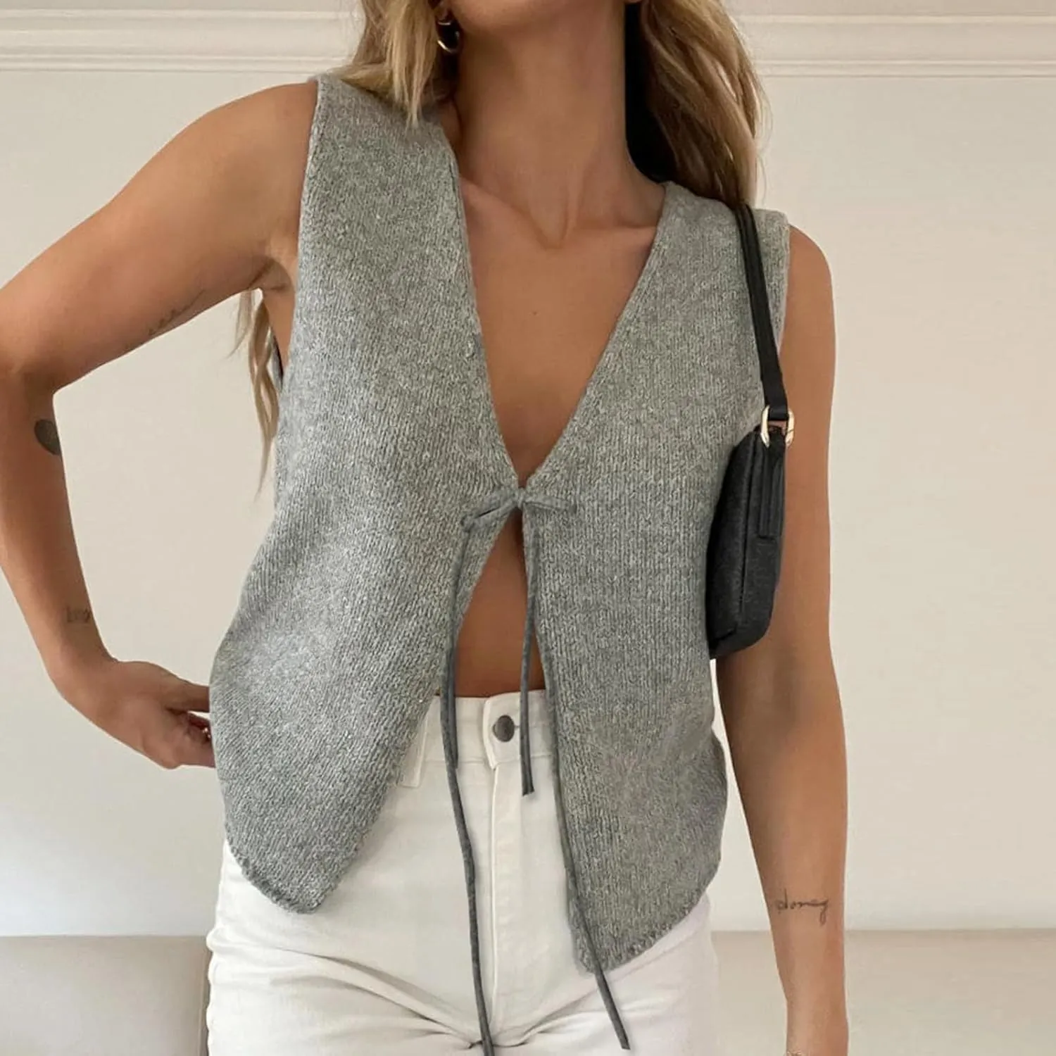 Women Tie Front Sweater Vest Top Sleeveless Y2k Knit V Neck Tank Tops Crochet Casual Going Out Tops Streetwear